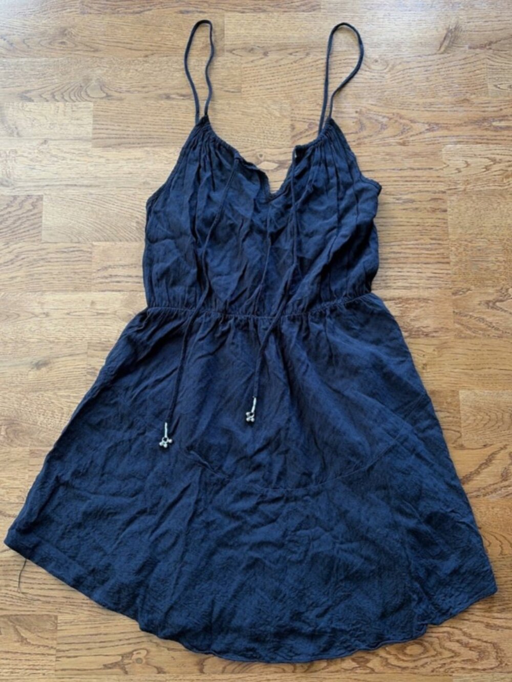 Free People Mini Dress Black Sleeveless Boho Gathered Waist Short XS Beach Cover